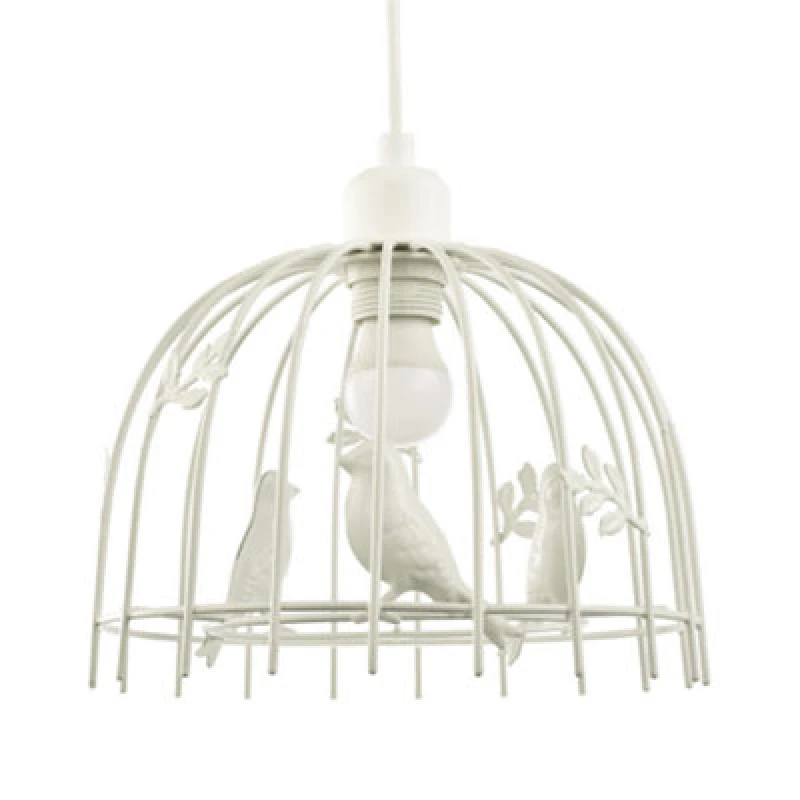 Image of Happy Homewares Birdcage Pendant Shade In White Gloss Metal With Birds And Leaves - Shabby Chic