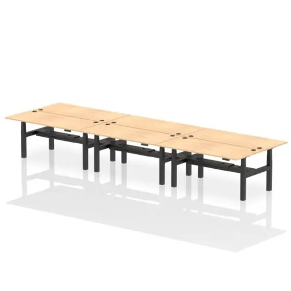 Image of Air Air Back-to-Back 1800 x 800mm Height Adjustable 6 Person Bench Desk Maple Top with Cable Ports Black Frame HASCP6P18800MPEB