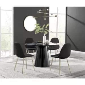 Image of Furniturebox Palma Black Semi Gloss 120cm Round Minimalist Dining Table & 4 Black Corona Faux Leather Dining Chairs with Gold Legs Diamond Stitch