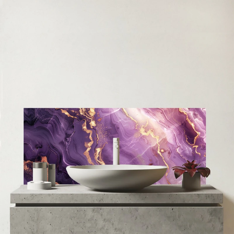 Image of Warren Reed - Designer Purple & Gold Marble Effect Glass Bathroom Splashback in Blue Blue Unisex
