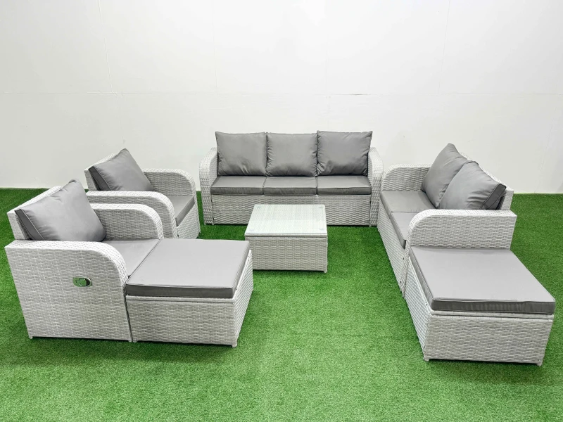 Image of Fimous PE Rattan Garden Furniture Set Adjustable Chair Sofa Double Love Seat 2 Seater Sofa Lounge Set Square Coffee Table 2 Big Footstool Light Grey L