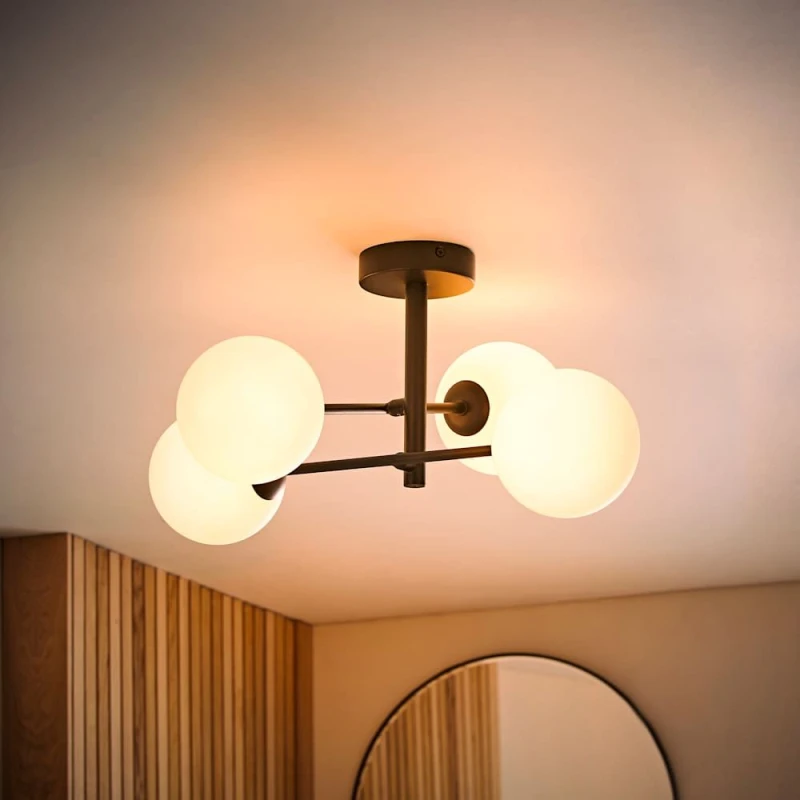 Image of ValueLights ValueLights Darla 4 Way Frosted Globe IP44 Rated Bathroom Ceiling Light with Bulbs in Black One Size Unisex 5059406070327