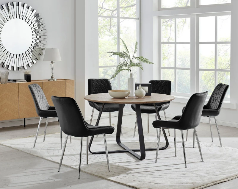 Image of FurnitureboxUK FurnitureboxUK Santorini Brown Round Dining Table And 4/6 Pesaro Silver Leg Chairs in Black One Size Unisex 5056542678493