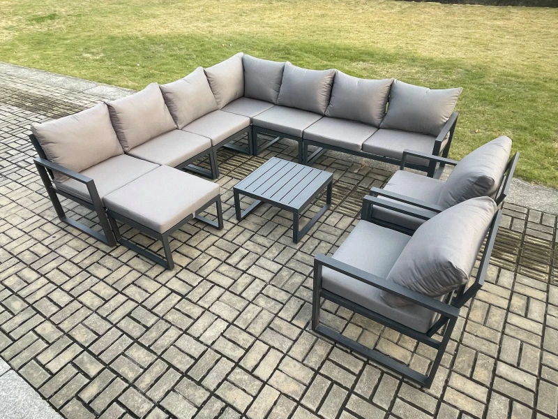 Image of Fimous Outdoor Garden Furniture Patio Lounge Corner Sofa Aluminium Set with Square Coffee Table Big Footstool 2 Chair Dark Grey Dark Grey Unisex