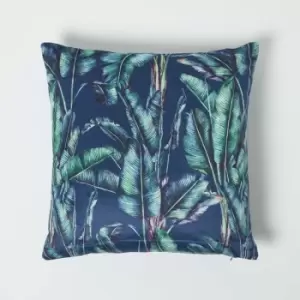 Image of Homescapes - Navy Tropical Banana Leaf Velvet Cushion 46 x 46cm - Teal, Navy