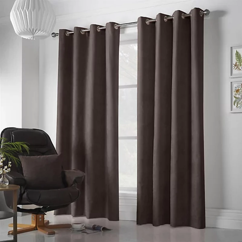 Image of Velvet Chenille Ready Made Eyelet Curtains Chocolate