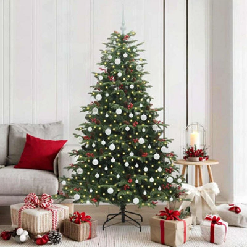 Image of vidaXL Artificial Christmas Tree with LED Strip Lights, White Balls Green 180 cm, Green 3395553