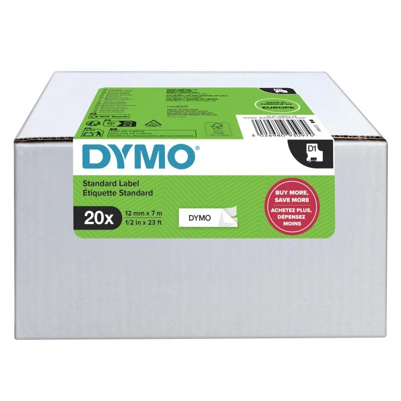 Image of Dymo Dymo D1 Tape 12mmx7m Black/White (Pack of 20) 2231632 2231632