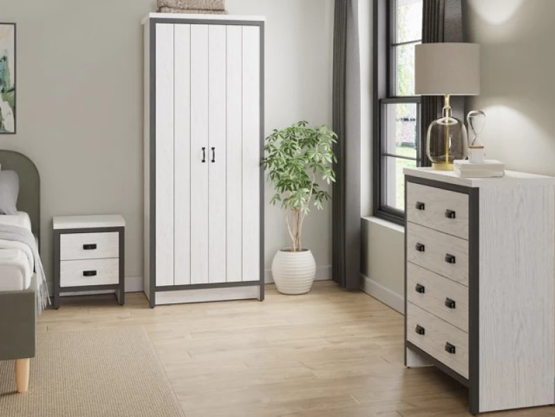 Image of Gfw Boston 3 Piece Package - 2 Door Wardrobe, 4 Drawer Chest And 2 Drawer Bedside Chest White WCJ8W Unisex