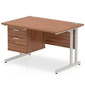 Image of Dynamic Rectangular Office Desk Walnut MFC Cantilever Leg Silver Frame Impulse 1 x 2 Drawer Fixed Ped 1200 x 800 x 730mm