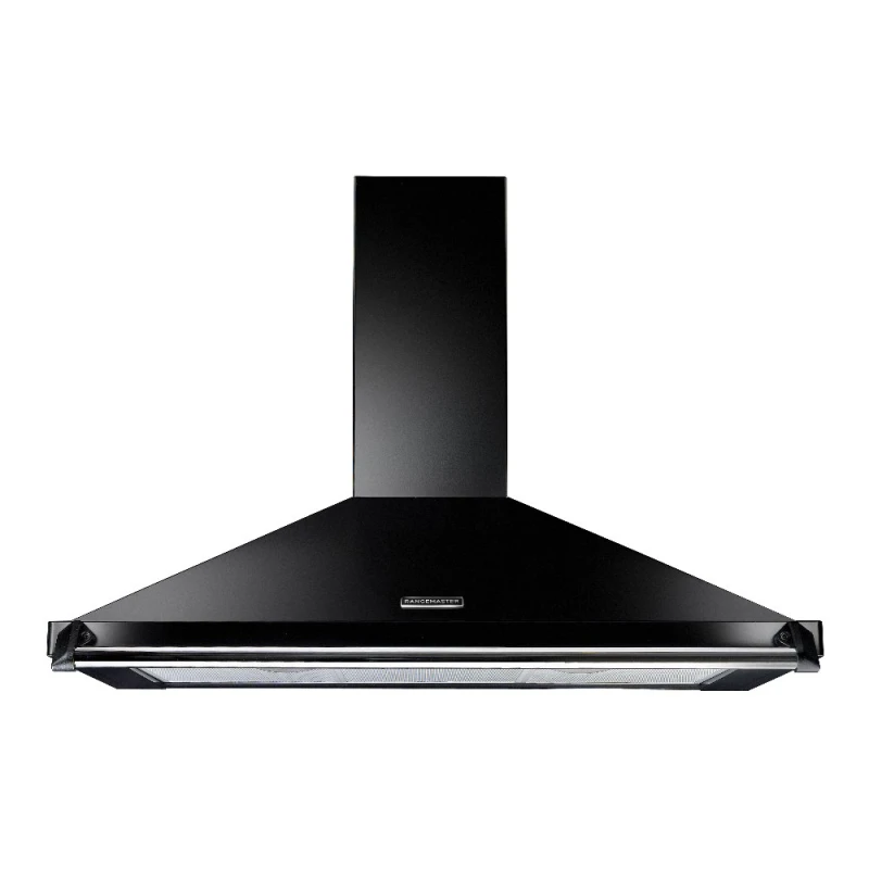 Image of Rangemaster RCLAHDC90BL/C 90cm Classic Chimney Hood With Chrome Rail And Badge - BLACK RCLAHDC90BL/C