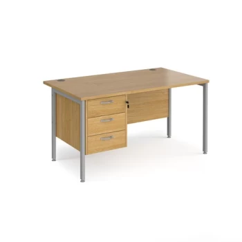 Image of Office Desk Rectangular Desk 1400mm With Pedestal Oak Top With Silver Frame 800mm Depth Maestro 25 MH14P3SO