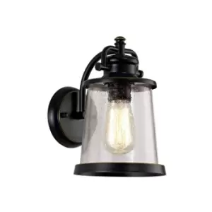 Image of Luminosa Lighting - Wall Lantern Lamp, 1 x E27, Black, Gold With Seeded Clear Glass, IP54
