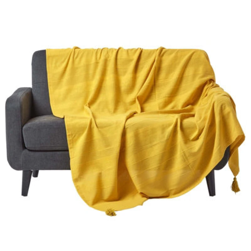 Image of Homescapes Cotton Rajput Ribbed Yellow Throw, 150 X 200 Cm