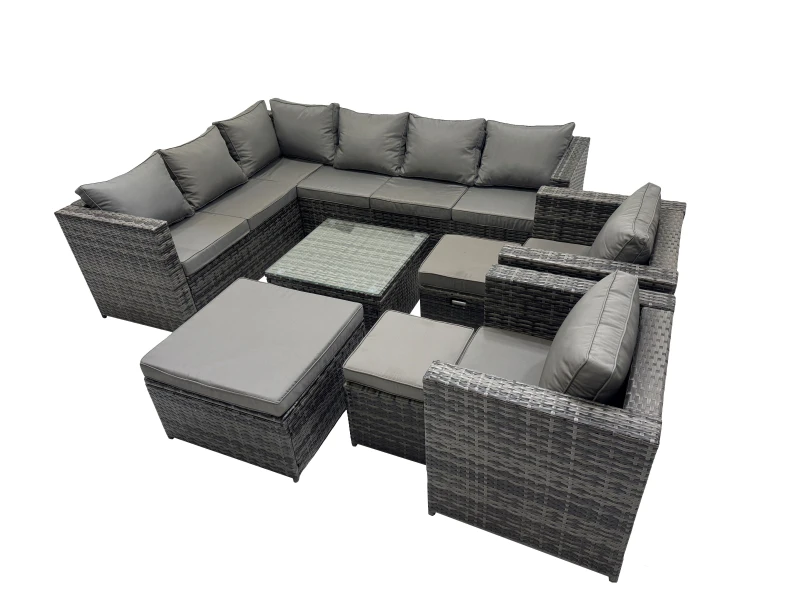 Image of Fimous Patio Furniture Sets with Corner Sofa 2 Chairs Square 3 Footstools in Dark Grey Dark Grey Unisex