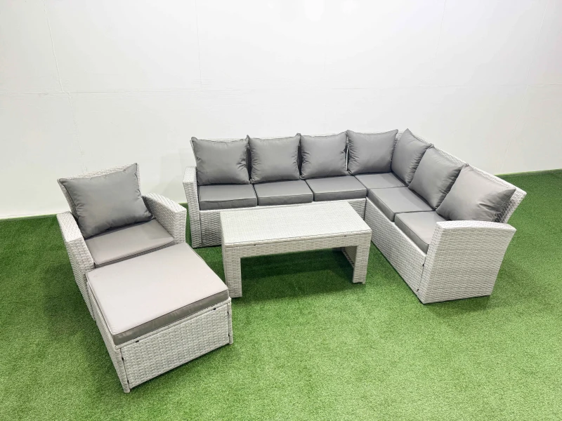 Image of Fimous 8 Seater Garden Outdoor Rattan Furniture Set Coffee Table with Stools in Light Grey Light Grey Unisex