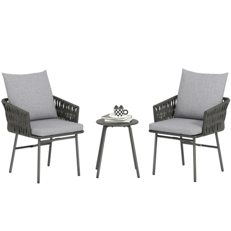 Image of Outsunny Outsunny Rattan Bistro Set, Balcony Table and Chairs with 4 Cushions, Grey