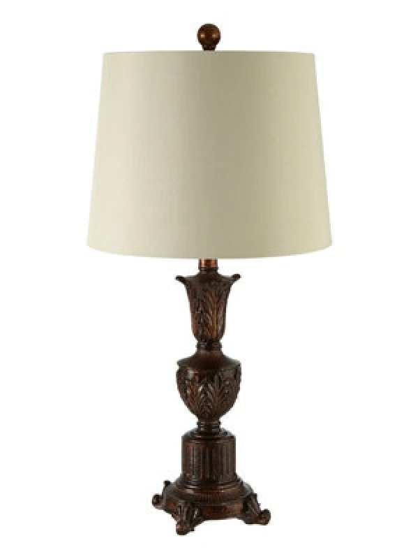 Image of Orsina Neoclassical Bronze Table Lamp, Ornate Fleur-De-Lis Base & Grey Linen Shade, Lighting For Living Room