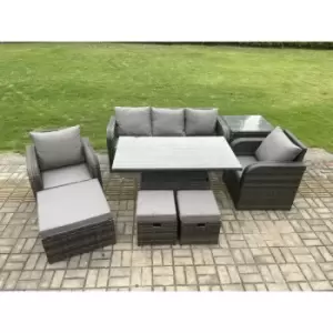 Image of Fimous 5 Seater Outdoor Rattan Dining Sofa Complete Set with Adjustable Table, 2 Stools and Big Footstools