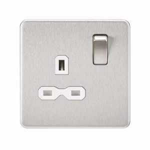 Image of KnightsBridge 1G 13A 230V Screwless Brushed Chrome UK 3 Pin Switched Electrical Wall Socket - White Insert