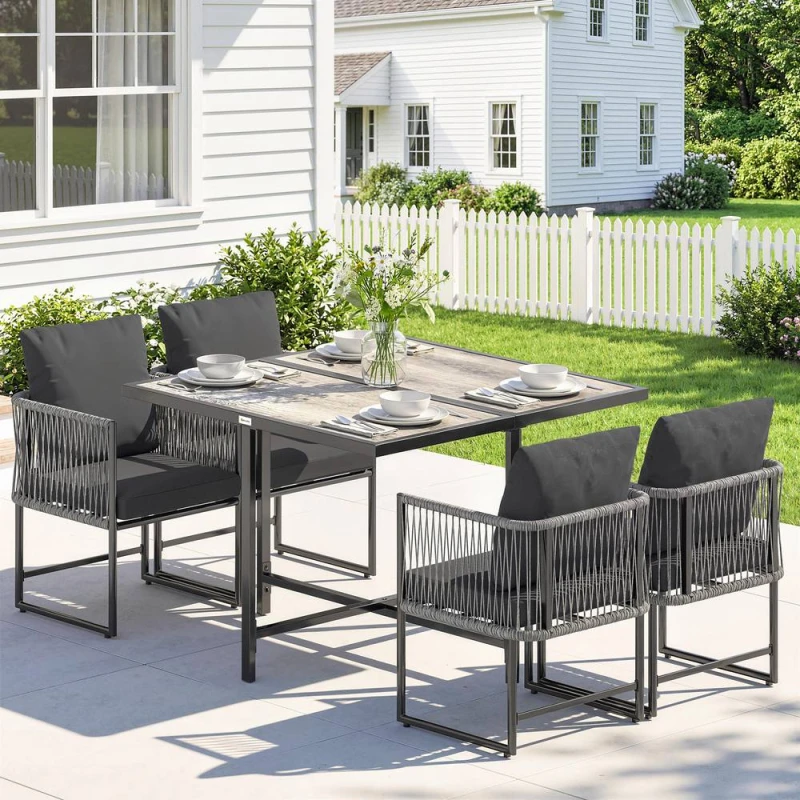 Image of OUTSUNNY 4-Seater Garden Dining Set with Space-Saving Chairs, Black in Grey Grey Unisex
