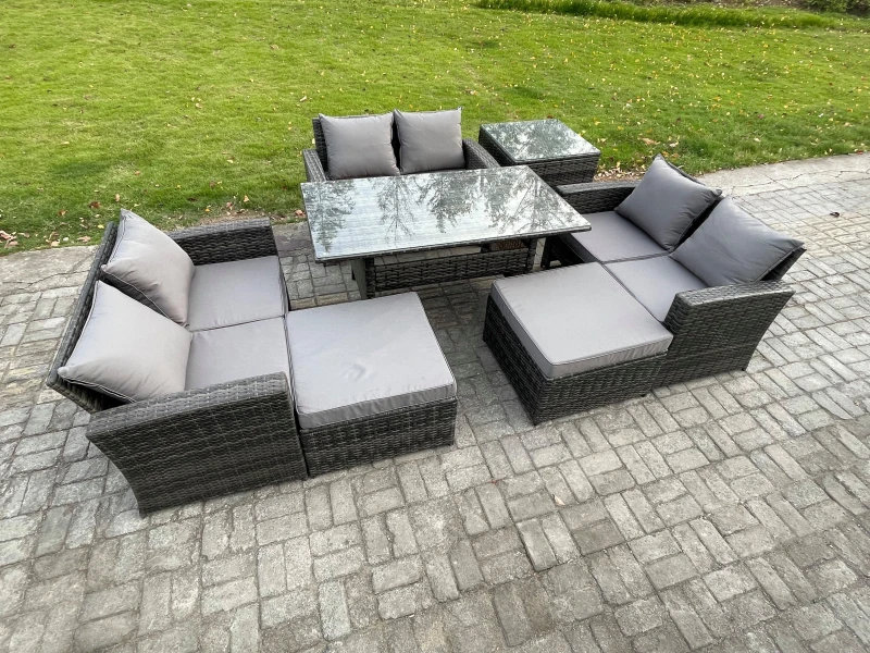 Image of Fimous 8 Seater Wicker PE Rattan Garden Furniture Sets Outdoor Lounge Sofa Set with Oblong Dining Table 2 Big Footstool in Dark Grey Dark Grey Unisex