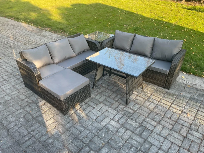 Image of Fimous Garden Furniture Sofa Set Rectangular Dining Table Big Footstool Side Table Indoor Outdoor 7 Seater Rattan Set Dark Grey
