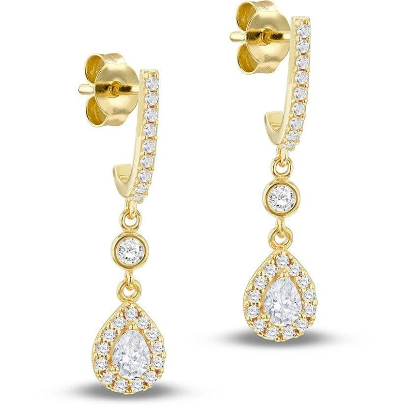 Image of Be You 9ct Gold CZ Teardrop Halo Drop Earrings Yellow Gold female One Size