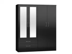 Image of Seconique Nevada Black High Gloss 4 Door 2 Drawer Mirrored Wardrobe