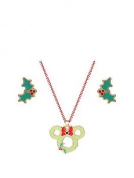 Image of Disney Minnie Mouse Christmas Necklace And Holly Stud Earrings Set