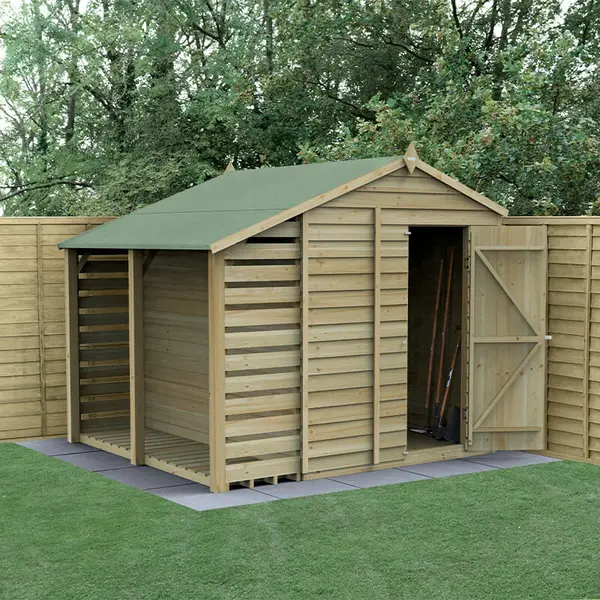 Image of 8' x 6' Forest 4Life 25yr Guarantee Overlap Pressure Treated Windowless Apex Wooden Shed with Lean To (2.42m x 2.65m)