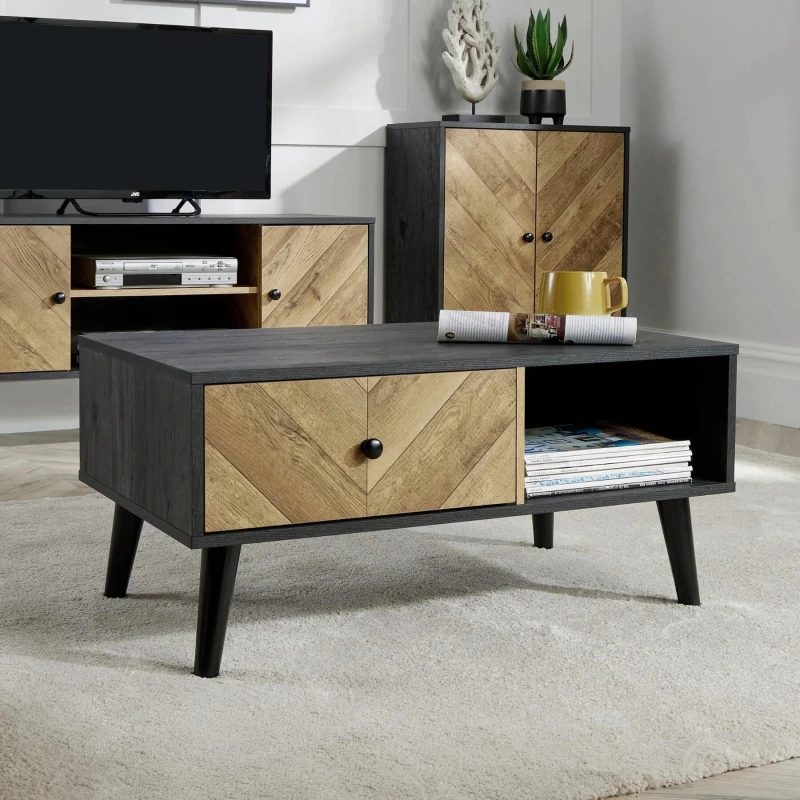 Image of Home Source Dallas Herringbone 1 Drawer Coffee Table Unit Black