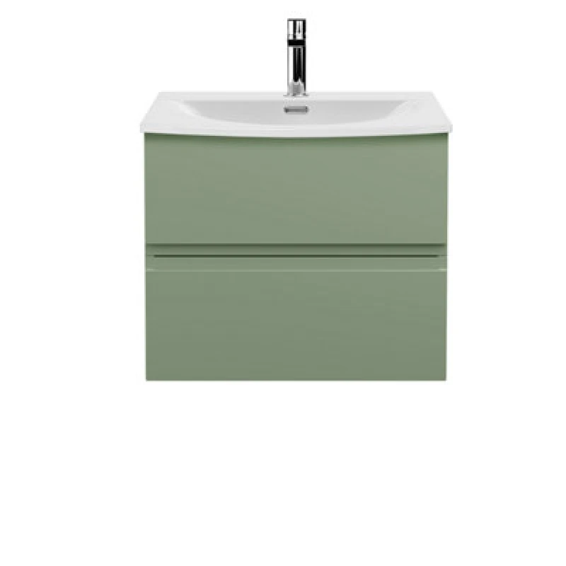 Image of Nuie Hudson Reed Urban Wall Hung 2 Drawer Vanity Unit With Curved Ceramic Basin, Modern Bathroom Furniture In Satin Green, 600mm