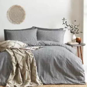 Image of The Linen Yard Herringbone Stripe Double Duvet Cover Set Cotton Charcoal