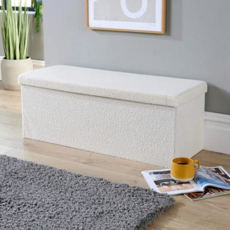 Image of Home Source Rectangular Cream Boucle Folding Xl Storage Ottoman Cream