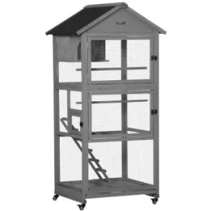 Image of Pawhut Bird Cage Mobile Wooden Aviary With Wheel Perch Nest Ladder Tray - Grey