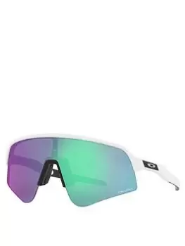 Image of Oakley Sutro Lite Sweep Matte White Rectangle Frame Prizm Road Jade Lens Sunglasses