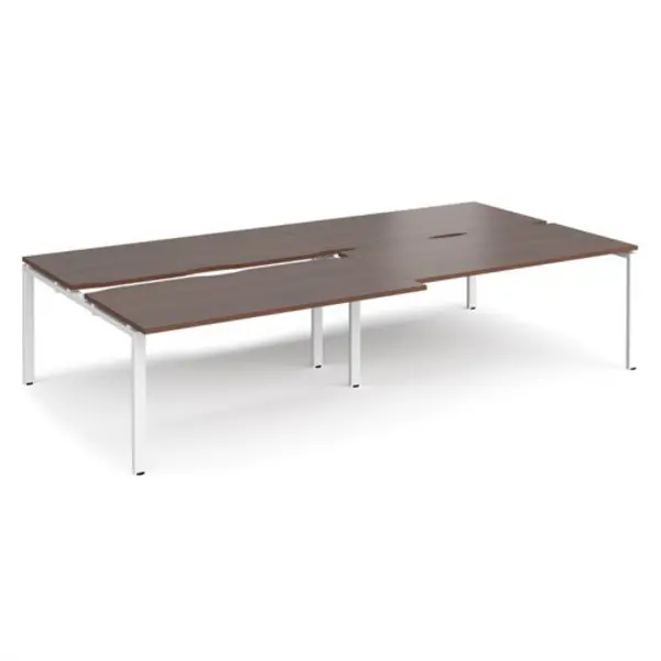 Image of Adapt Bench Desk 4 Person Rectangular Desks 3200mm With Sliding Tops Walnut Tops With White Frames 1600mm Depth Adapt Walnut STE3216-WH-W