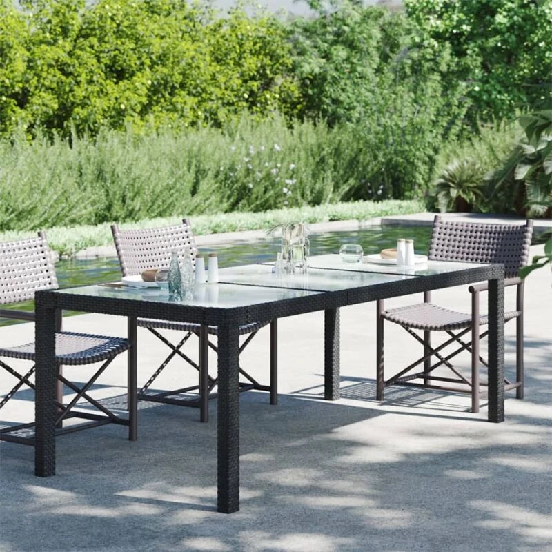 Image of VIDAXL Garden Table Black 190x90x75cm Tempered Glass and Poly Rattan vidaXL 8720286666487