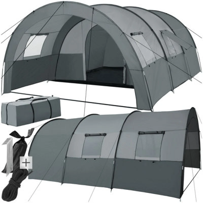 Image of Tectake Tent Roskilde - For 6 People, With Awning, Groundsheet, 4 Windows With Mosquito Nets - Light Grey/dark Grey