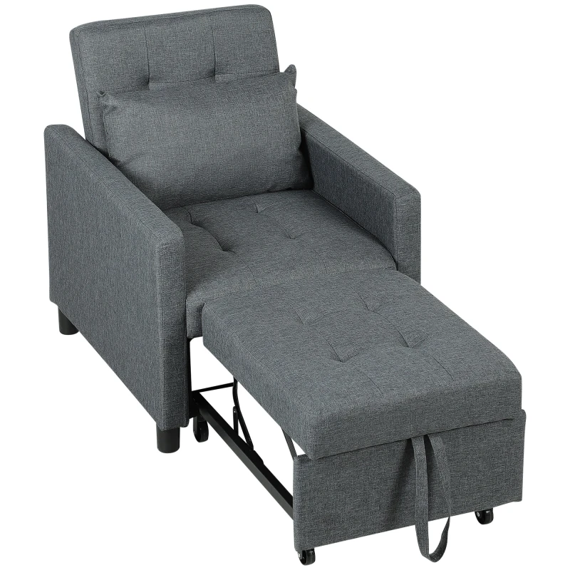 Image of HOMCOM Single Chair Bed with Adjustable Backrest and Wheels for Living Room Dark Grey