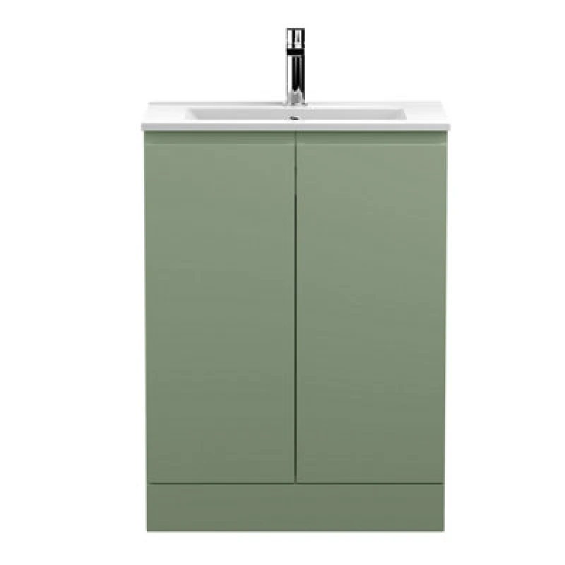 Image of Hudson Reed Urban Floor Standing 2 Soft Close Door Vanity Unit With Minimalist Basin, Modern Vanity Unit In Satin Green, 600mm
