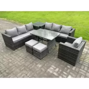 Image of Fimous 7 Seater Outdoor Dark Grey Rattan Lounge Complete Sofa Set with Dining Table, Side Table and 2 Stools
