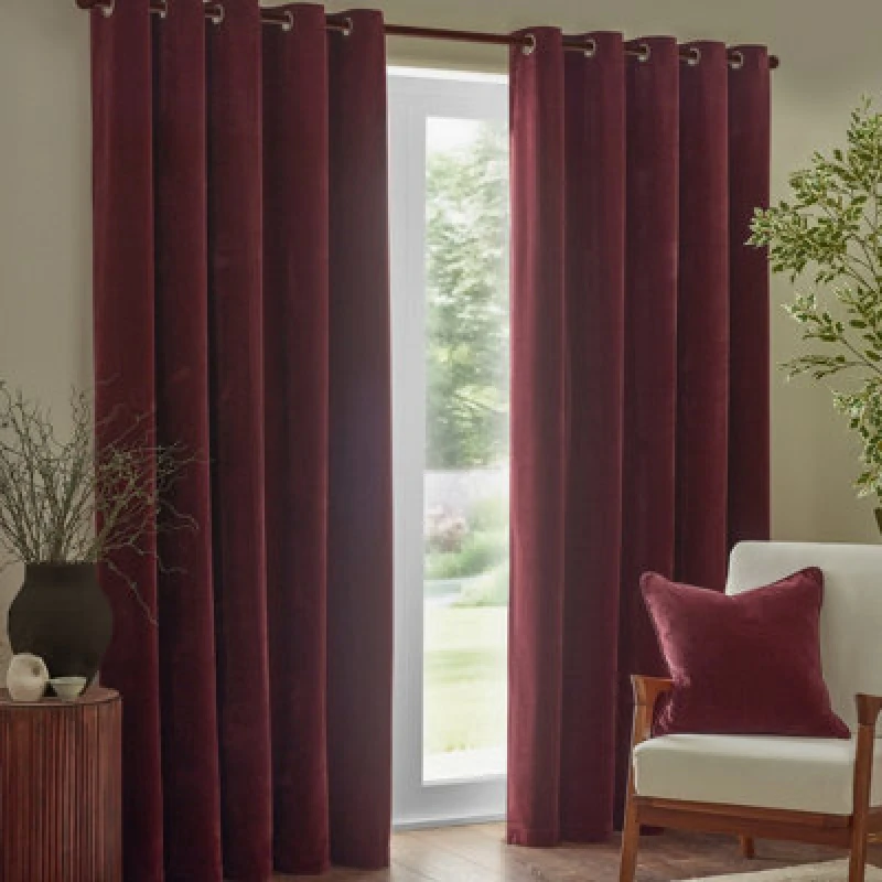 Image of Yard Heavy Chenille Velvet Ready Made Eyelet Blockout Curtains Beetroot