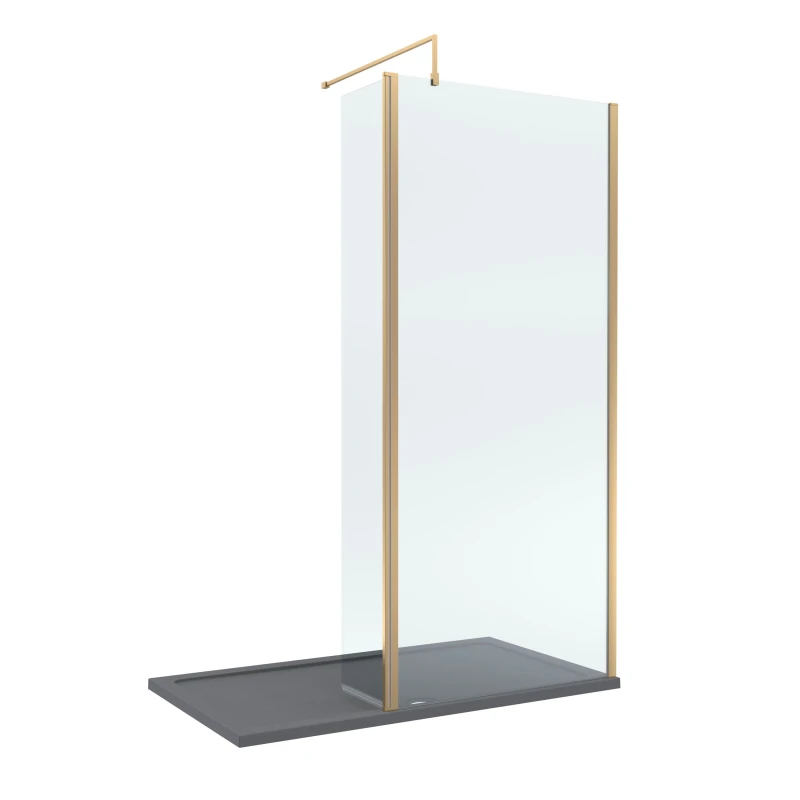 Image of Balterley 8mm Glass Wetroom Screen, Return Brushed Brass and Tray 1400 x 700mm Grey
