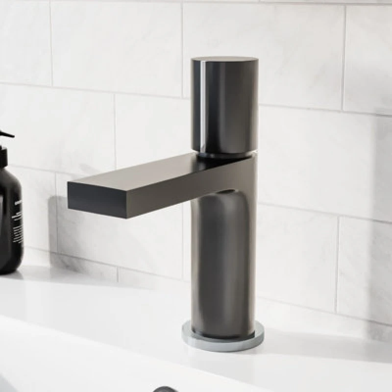 Image of Nes Home Matt Grey Handleless Futuristic Basin Mixer Tap Deck Mounted Brass Core Silver