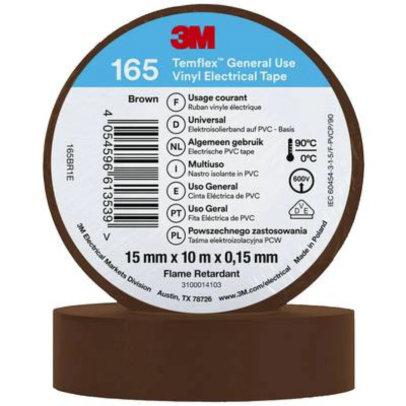Image of 3M 3M Temflex 165 165BR1E Electrical tape Temflex 165 Brown (L x W) 10 m x 15mm 165BR1E