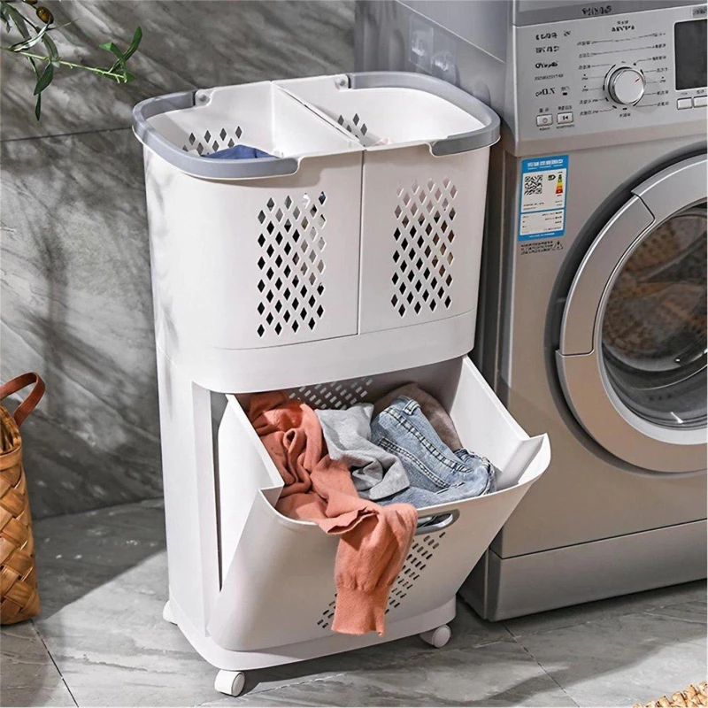 Image of Cottonfy UK 3-Compartment Plastic Laundry Basket with Wheels - White White M