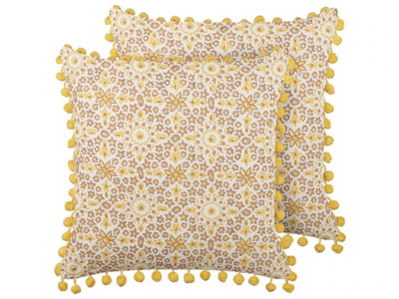 Image of Beliani Set Of 2 Decorative Cushions Lycrois Cotton 45 X 45cm Yellow Floral Pattern