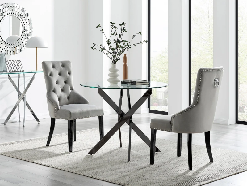 Image of FurnitureboxUK FurnitureboxUK Novara 100cm Round Black Leg Dining Table & 2 Belgravia Black Leg Chairs in Grey Grey One Size Unisex 5056784304464